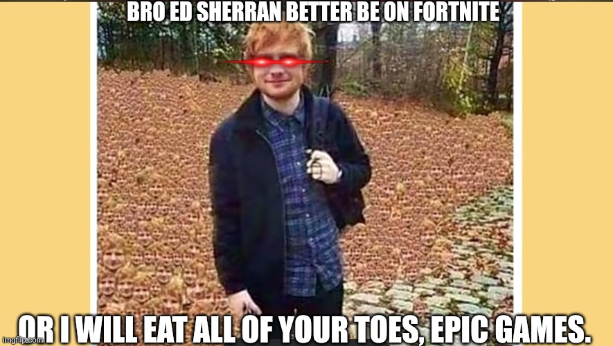 Let Epic Games See This | BRO ED SHERRAN BETTER BE ON FORTNITE; OR I WILL EAT ALL OF YOUR TOES, EPIC GAMES. | image tagged in ed sheran nomal pic,epic games,fortnite,characters,celebrity | made w/ Imgflip meme maker