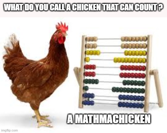 What do you call a chicken that can count?    --  funny  -- | WHAT DO YOU CALL A CHICKEN THAT CAN COUNT ? A MATHMACHICKEN | image tagged in funny,humor,chicken,counting,math,play on words | made w/ Imgflip meme maker