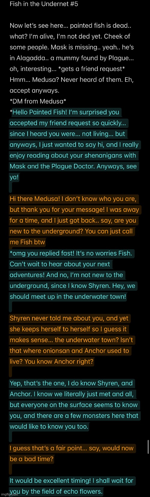 Part of my main timeline. Medusa and Fish meeting each other | made w/ Imgflip meme maker