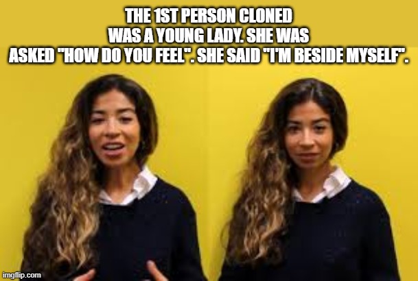 First cloned person was asked how she felt. "I'm beside myself." | THE 1ST PERSON CLONED WAS A YOUNG LADY. SHE WAS ASKED "HOW DO YOU FEEL". SHE SAID "I'M BESIDE MYSELF". | image tagged in funny,humor,clones,play on words,funny meme | made w/ Imgflip meme maker