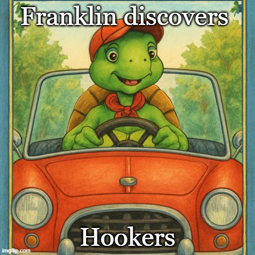 Franklin Discovers Hookers | Franklin discovers; Hookers | image tagged in franklin the turtle book franklin driving a car view of frankl | made w/ Imgflip meme maker