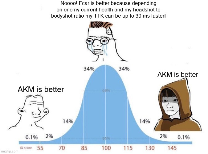Bell Curve | Noooo! Fcar is better because depending on enemy current health and my headshot to bodyshot ratio my TTK can be up to 30 ms faster! AKM is better; AKM is better | image tagged in bell curve | made w/ Imgflip meme maker