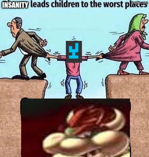 more MSMG lore memes | INSANITY | image tagged in divorce leads children to the worst places | made w/ Imgflip meme maker