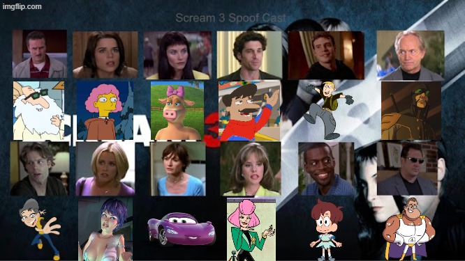 Credit to Mico the Ninjago Fan 2024 for this used | image tagged in meme,memes,spoof cast,scream 3,characters,roles | made w/ Imgflip meme maker