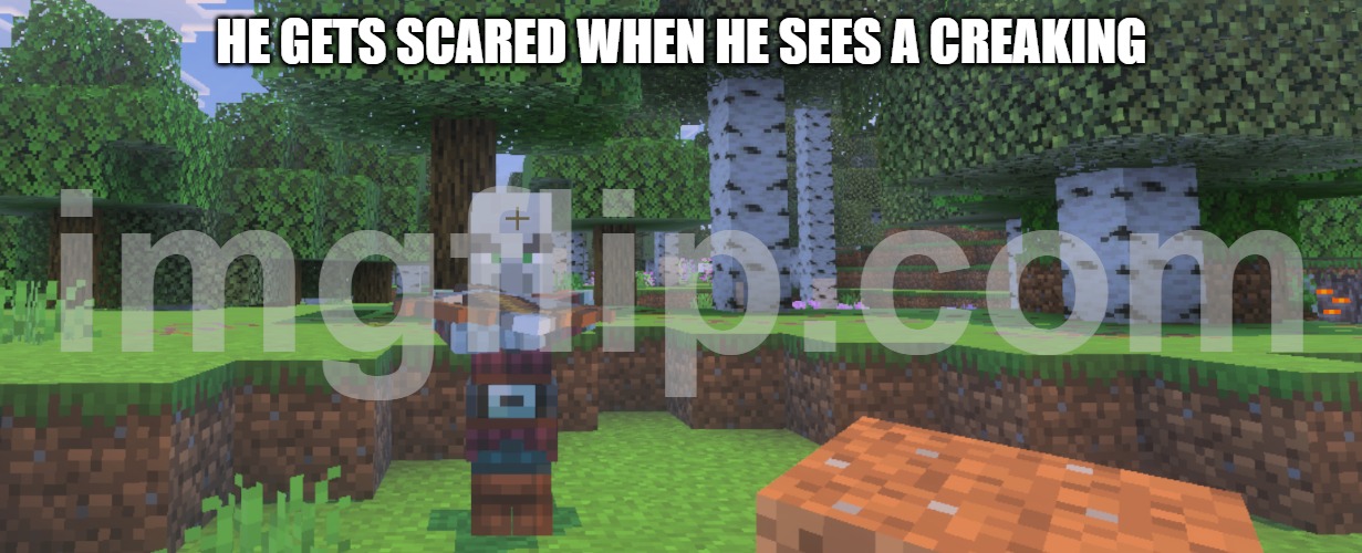 Pillager | HE GETS SCARED WHEN HE SEES A CREAKING | image tagged in pillager | made w/ Imgflip meme maker