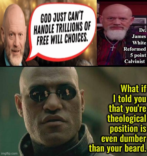 That's just dumb | Dr. James White Reformed 5 point Calvinist; What if I told you that you're theological position is even dumber than your beard. | image tagged in matrix morpheus,calvinism,calvinist memes,james white,anti calvinism,reformed theology | made w/ Imgflip meme maker