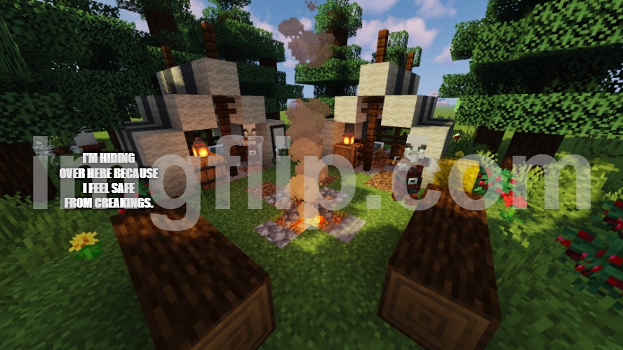 Pillager Camp | I'M HIDING OVER HERE BECAUSE I FEEL SAFE FROM CREAKINGS. | image tagged in pillager camp | made w/ Imgflip meme maker