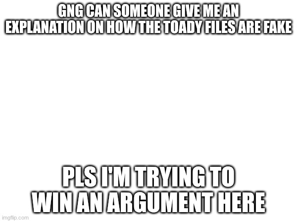 GNG CAN SOMEONE GIVE ME AN EXPLANATION ON HOW THE TOADY FILES ARE FAKE; PLS I'M TRYING TO WIN AN ARGUMENT HERE | image tagged in dginuopwrubtjklwir | made w/ Imgflip meme maker