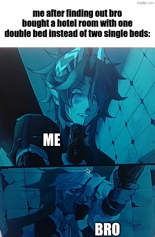 I am NOT letting bro hit (artwork is by Kokoarii btw) | me after finding out bro bought a hotel room with one double bed instead of two single beds:; ME; BRO | image tagged in ariko and dakho holding eachother at gunpoint | made w/ Imgflip meme maker