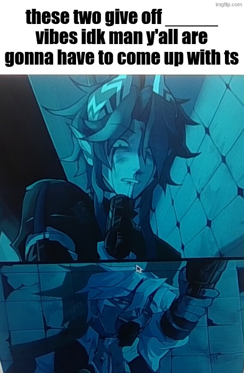 ///It's not an anime but it should be/// Artwork is by Kokoarii btw (ignore my mouse) | these two give off _____ vibes idk man y'all are gonna have to come up with ts | image tagged in ariko and dakho holding eachother at gunpoint | made w/ Imgflip meme maker