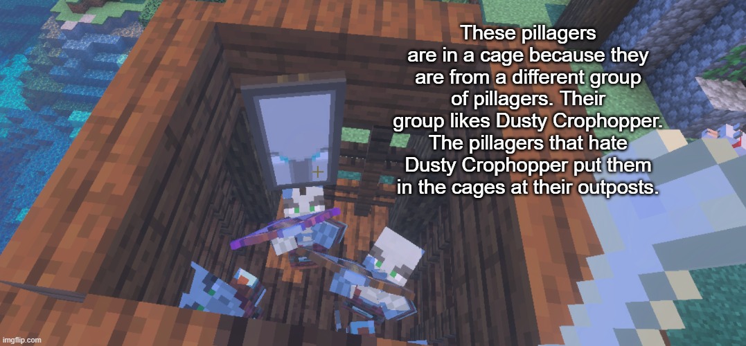 Two Illager Captains at Pillager Outpost | These pillagers are in a cage because they are from a different group of pillagers. Their group likes Dusty Crophopper. The pillagers that hate Dusty Crophopper put them in the cages at their outposts. | image tagged in two illager captains at pillager outpost | made w/ Imgflip meme maker