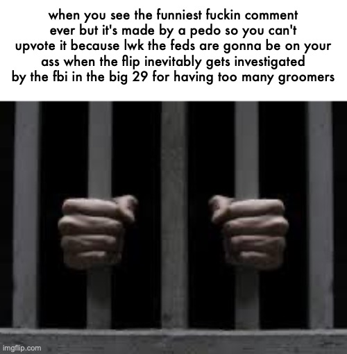 kirkenuinely | when you see the funniest fuckin comment ever but it's made by a pedo so you can't upvote it because lwk the feds are gonna be on your ass when the flip inevitably gets investigated by the fbi in the big 29 for having too many groomers | image tagged in jail | made w/ Imgflip meme maker
