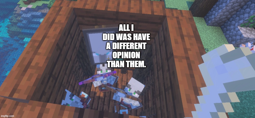 Two Illager Captains at Pillager Outpost | ALL I DID WAS HAVE A DIFFERENT OPINION THAN THEM. | image tagged in two illager captains at pillager outpost | made w/ Imgflip meme maker