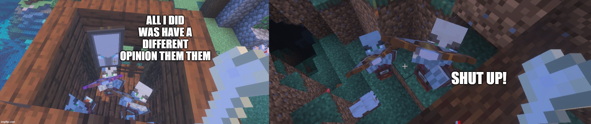 ALL I DID WAS HAVE A DIFFERENT OPINION THEM THEM; SHUT UP! | image tagged in two illager captains at pillager outpost,pillagers | made w/ Imgflip meme maker