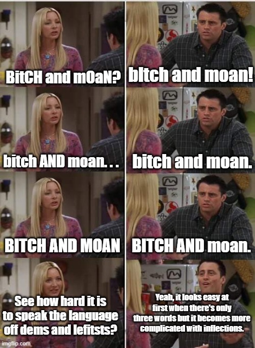 Understanding the language of dems/leftists. | BitCH and mOaN? bItch and moan! bitch and moan. bitch AND moan. . . BITCH AND MOAN; BITCH AND moan. Yeah, it looks easy at first when there's only three words but it becomes more complicated with inflections. See how hard it is to speak the language off dems and lefitsts? | image tagged in phoebe joey,democrats,leftists,political humor,politics,political meme | made w/ Imgflip meme maker