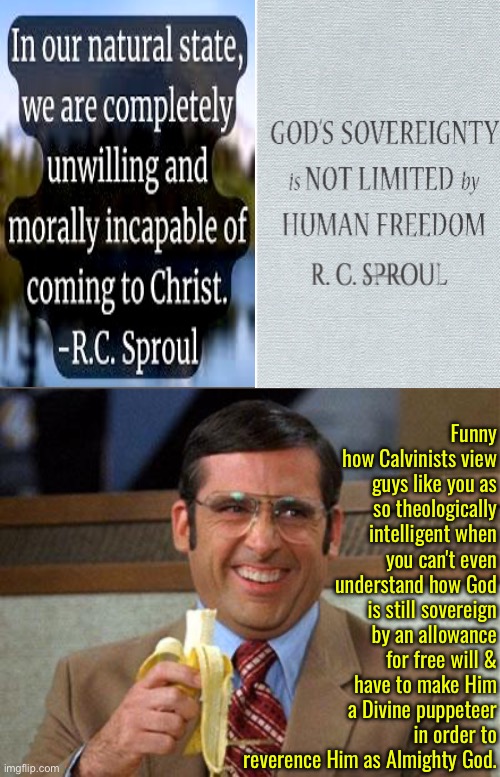 They're the irreverent ones with cheap logic | Funny how Calvinists view guys like you as so theologically intelligent when you can't even understand how God is still sovereign by an allowance for free will & have to make Him a Divine puppeteer in order to reverence Him as Almighty God. | image tagged in steve carell banana,calvinism,calvinist memes,r c sproul,anti calvinism,reformed theology | made w/ Imgflip meme maker