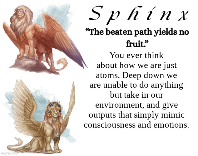 Spinx (aka erocitnaM) | You ever think about how we are just atoms. Deep down we are unable to do anything but take in our environment, and give outputs that simply mimic consciousness and emotions. | image tagged in spinx aka erocitnam | made w/ Imgflip meme maker