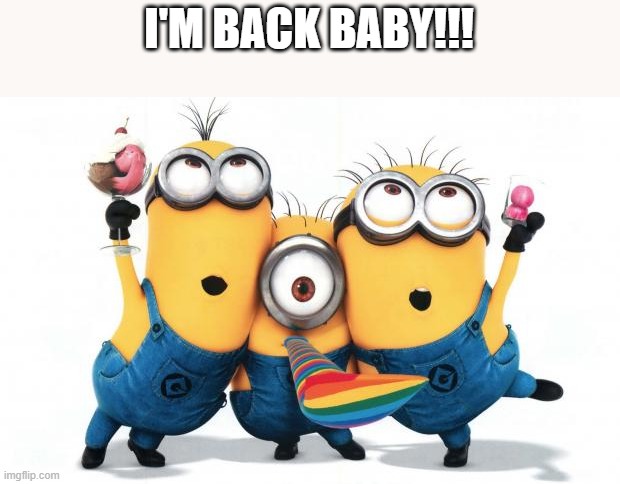I'll explain how later | I'M BACK BABY!!! | image tagged in minion party despicable me,party,fun | made w/ Imgflip meme maker