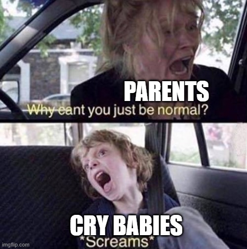 Why Can't You Just Be Normal | PARENTS; CRY BABIES | image tagged in why can't you just be normal | made w/ Imgflip meme maker