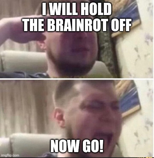 Crying salute | I WILL HOLD THE BRAINROT OFF NOW GO! | image tagged in crying salute | made w/ Imgflip meme maker
