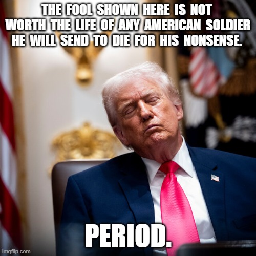 Period. | THE  FOOL  SHOWN  HERE  IS  NOT  WORTH  THE  LIFE  OF  ANY  AMERICAN  SOLDIER  HE  WILL  SEND  TO  DIE  FOR  HIS  NONSENSE. PERIOD. | image tagged in donald trump | made w/ Imgflip meme maker