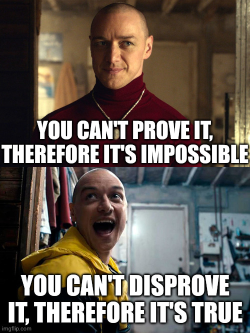 Me. Also Me. | YOU CAN'T PROVE IT, THEREFORE IT'S IMPOSSIBLE; YOU CAN'T DISPROVE IT, THEREFORE IT'S TRUE | image tagged in me also me | made w/ Imgflip meme maker