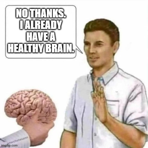 If it is not broken, do not fix it or replace it. | NO THANKS. I ALREADY HAVE A HEALTHY BRAIN. | image tagged in no thanks brain | made w/ Imgflip meme maker