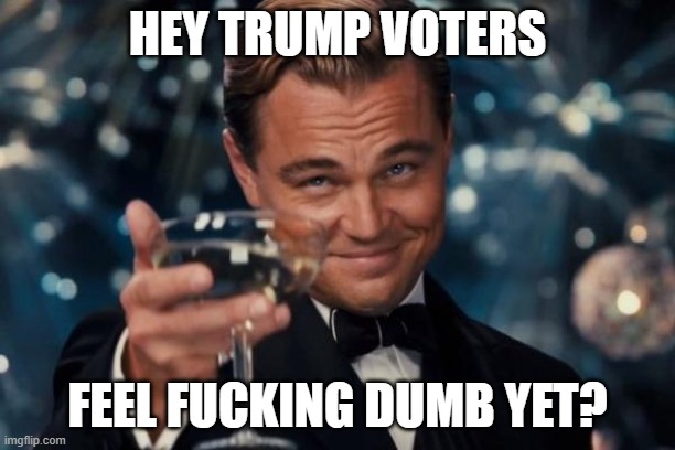 Too dumb to feel dumb. | HEY TRUMP VOTERS; FEEL FUCKING DUMB YET? | image tagged in maga,pedos,trump,the peace maker,pedo again | made w/ Imgflip meme maker