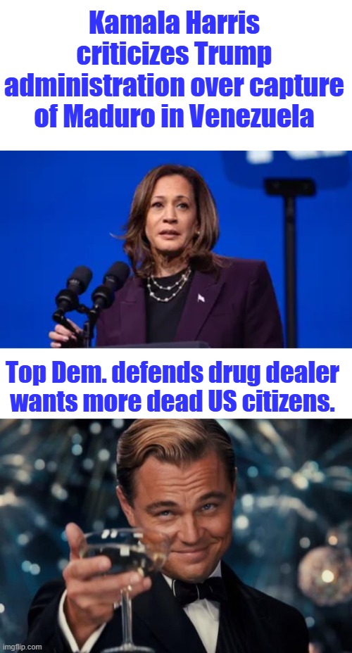 Kamala Harris criticizes Trump administration over capture of Maduro in Venezuela; Top Dem. defends drug dealer wants more dead US citizens. | image tagged in memes,leonardo dicaprio cheers | made w/ Imgflip meme maker