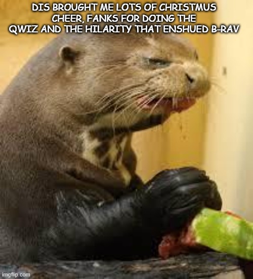 DIS BROUGHT ME LOTS OF CHRISTMUS CHEER, FANKS FOR DOING THE QWIZ AND THE HILARITY THAT ENSHUED B-RAV | image tagged in disgusted otter | made w/ Imgflip meme maker