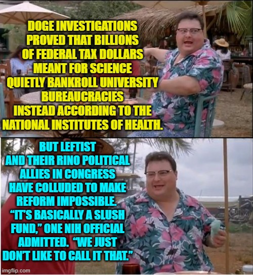 Gosh!  An untouchable joint leftist and RINO slush fund.  Who knew . . . aside from DOGE? | DOGE INVESTIGATIONS PROVED THAT BILLIONS OF FEDERAL TAX DOLLARS MEANT FOR SCIENCE QUIETLY BANKROLL UNIVERSITY BUREAUCRACIES INSTEAD ACCORDING TO THE NATIONAL INSTITUTES OF HEALTH. BUT LEFTIST AND THEIR RINO POLITICAL ALLIES IN CONGRESS HAVE COLLUDED TO MAKE REFORM IMPOSSIBLE.  “IT’S BASICALLY A SLUSH FUND,” ONE NIH OFFICIAL ADMITTED.  “WE JUST DON’T LIKE TO CALL IT THAT.” | image tagged in see nobody cares | made w/ Imgflip meme maker