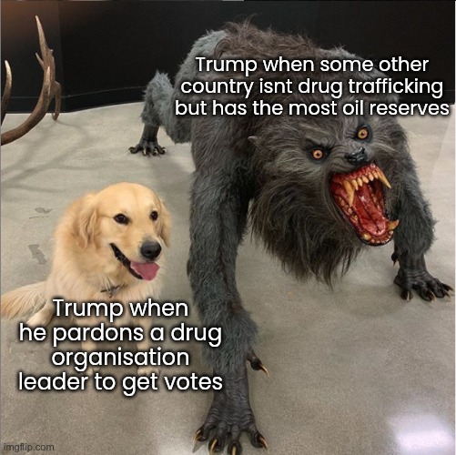 Trump | Trump when some other country isnt drug trafficking but has the most oil reserves; Trump when he pardons a drug organisation leader to get votes | image tagged in dog vs werewolf | made w/ Imgflip meme maker