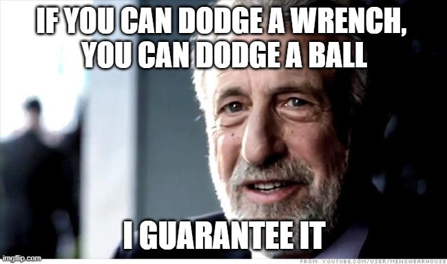 Same Skill Set | IF YOU CAN DODGE A WRENCH, 
YOU CAN DODGE A BALL; I GUARANTEE IT | image tagged in memes,i guarantee it,dodgeball | made w/ Imgflip meme maker