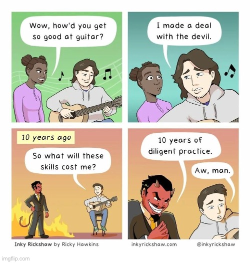 Inky Rickshaw | image tagged in comics,inky rickshaw,guitar,devil,practice | made w/ Imgflip meme maker