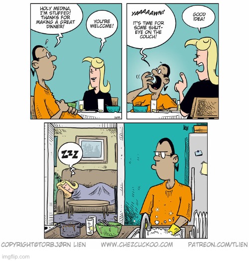 Chez Cuckoo | image tagged in comics,chez cuckoo,norway,rest,couch,wash dishes | made w/ Imgflip meme maker