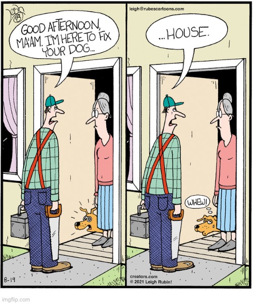 Rubes | image tagged in comics,rubes,repairman,dog,dog house,relief | made w/ Imgflip meme maker