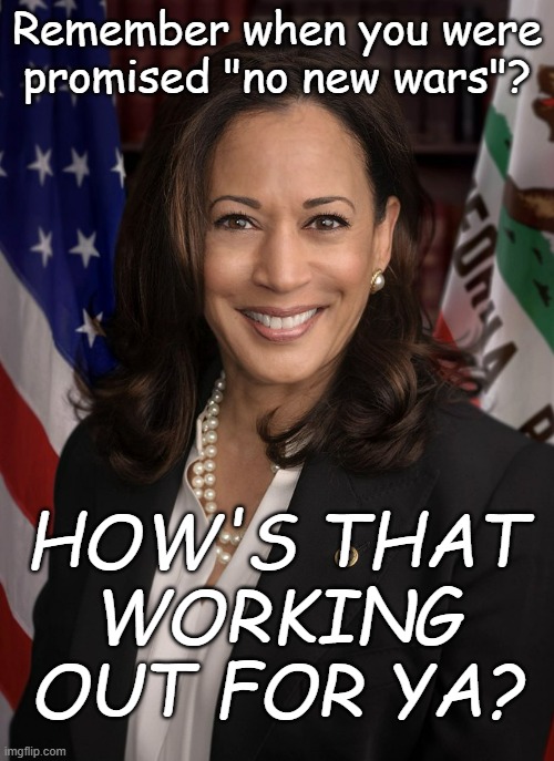 You were told Trump couldn't be trusted... you didn't listen... and here we are. | Remember when you were promised "no new wars"? HOW'S THAT
WORKING
OUT FOR YA? | image tagged in kamala harris,war,venezuela | made w/ Imgflip meme maker
