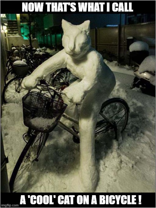 An Interesting Snow Sculpture | NOW THAT'S WHAT I CALL; A 'COOL' CAT ON A BICYCLE ! | image tagged in cats,snowman,bicycle,sculpture | made w/ Imgflip meme maker