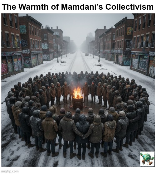 The Warmth of Mamdani’s Collectivism | image tagged in maga,conservative,socialism,new york | made w/ Imgflip meme maker