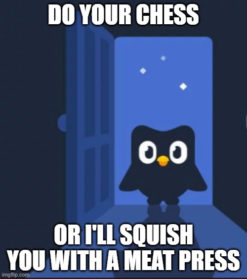 Duolingo bird | DO YOUR CHESS; OR I'LL SQUISH YOU WITH A MEAT PRESS | image tagged in duolingo bird | made w/ Imgflip meme maker