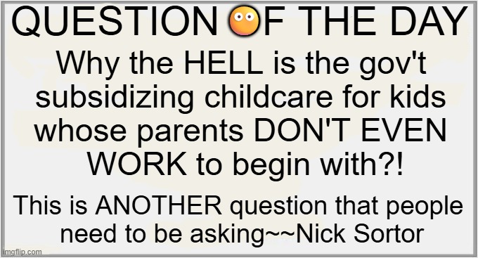 One more Question for Despicable Democrats | QUESTION OF THE DAY; 😶; Why the HELL is the gov't 
subsidizing childcare for kids 
whose parents DON'T EVEN 
WORK to begin with?! This is ANOTHER question that people 
need to be asking~~Nick Sortor | image tagged in question,for those with an iq above 60,fraud,minnesota,daycare,quote | made w/ Imgflip meme maker