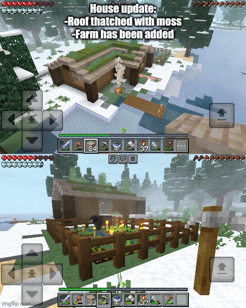 Ignore the bær | House update:
-Roof thatched with moss
-Farm has been added | made w/ Imgflip meme maker