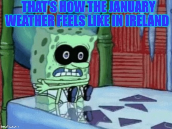 We know January is generally one of the coldest months in Ireland along with February. | THAT'S HOW THE JANUARY WEATHER FEELS LIKE IN IRELAND | image tagged in spongebob cold,january,winter,ireland,cold weather | made w/ Imgflip meme maker
