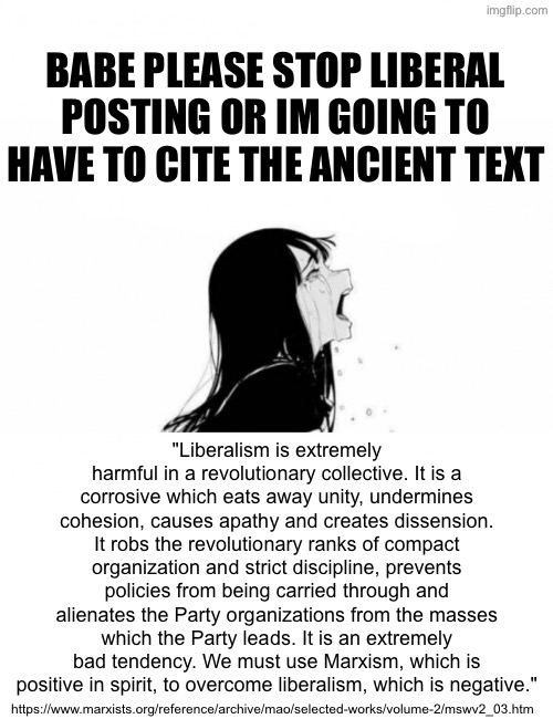 commie posting on imgflip dot com (spreading the good word) | BABE PLEASE STOP LIBERAL POSTING OR IM GOING TO HAVE TO CITE THE ANCIENT TEXT; "Liberalism is extremely harmful in a revolutionary collective. It is a corrosive which eats away unity, undermines cohesion, causes apathy and creates dissension. It robs the revolutionary ranks of compact organization and strict discipline, prevents policies from being carried through and alienates the Party organizations from the masses which the Party leads. It is an extremely bad tendency. We must use Marxism, which is positive in spirit, to overcome liberalism, which is negative."; https://www.marxists.org/reference/archive/mao/selected-works/volume-2/mswv2_03.htm | image tagged in babe please stop meme template,communism | made w/ Imgflip meme maker