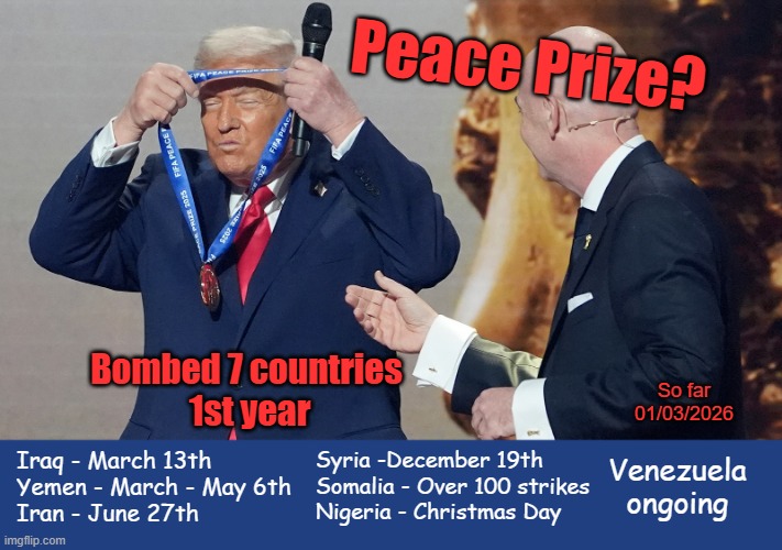 Trump as the Peace President! | Peace Prize? Bombed 7 countries
 1st year; So far
01/03/2026; Iraq - March 13th
Yemen - March - May 6th
Iran - June 27th; Syria -December 19th
Somalia - Over 100 strikes
Nigeria - Christmas Day; Venezuela
ongoing | image tagged in america first,trump,nobel prize,war criminal | made w/ Imgflip meme maker