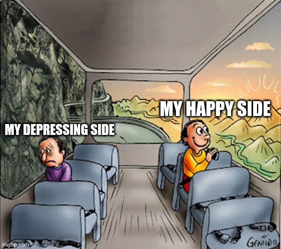 My First Meme | MY HAPPY SIDE; MY DEPRESSING SIDE | image tagged in two guys on a bus | made w/ Imgflip meme maker
