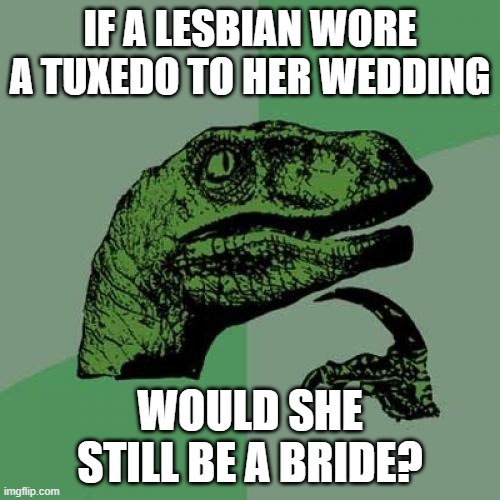 Or a "broom"? | IF A LESBIAN WORE A TUXEDO TO HER WEDDING; WOULD SHE STILL BE A BRIDE? | image tagged in memes,philosoraptor,lesbian,wedding,lgbtq,fashion | made w/ Imgflip meme maker