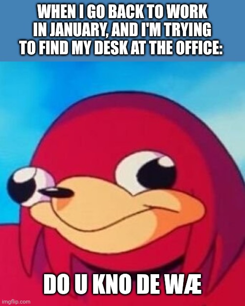 Ugandan Knuckles | WHEN I GO BACK TO WORK IN JANUARY, AND I'M TRYING TO FIND MY DESK AT THE OFFICE:; DO U KNO DE WÆ | image tagged in ugandan knuckles | made w/ Imgflip meme maker