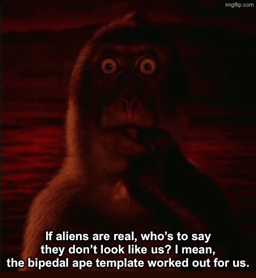 Evil thinking monkey | If aliens are real, who’s to say they don’t look like us? I mean, the bipedal ape template worked out for us. | image tagged in evil thinking monkey | made w/ Imgflip meme maker