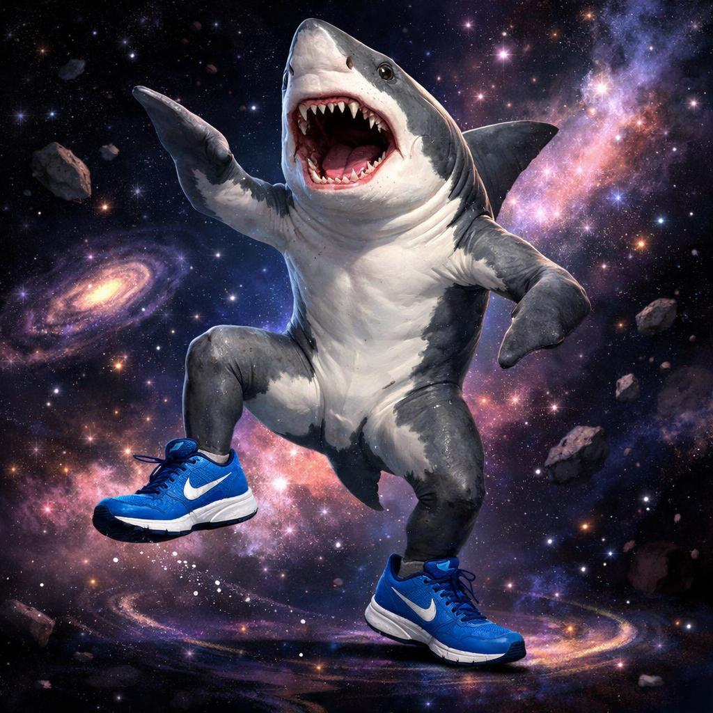 Three legged shark with blue Nike running shoes dancing in space Blank Meme Template